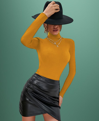 Parona Solid High Neck Casual Women Yellow Sweater