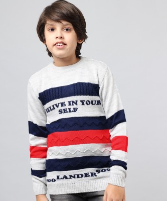 Fit N Fame Striped Round Neck Casual Boys & Girls Grey Sweater