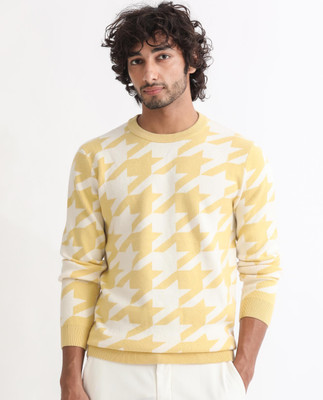 RARE RABBIT Printed Crew Neck Casual Men Yellow Sweater