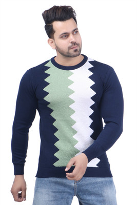 FEVERFEW Self Design Round Neck Casual Men Dark Blue Sweater