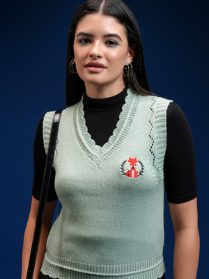 Tokyo Talkies Self Design V Neck Casual Women Green Sweater