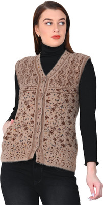 chatanya Floral Print V Neck Casual Women Brown Sweater