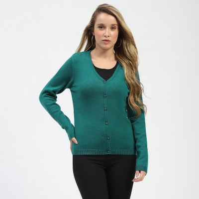 MADAME Solid V Neck Casual Women Green Sweater