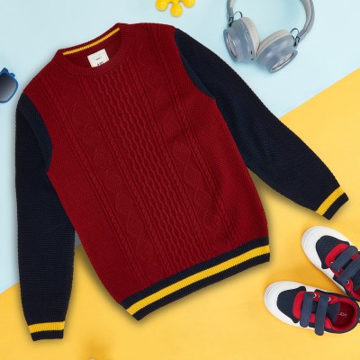 Pantaloons Junior Colorblock, Striped Round Neck Casual Boys Maroon Sweater