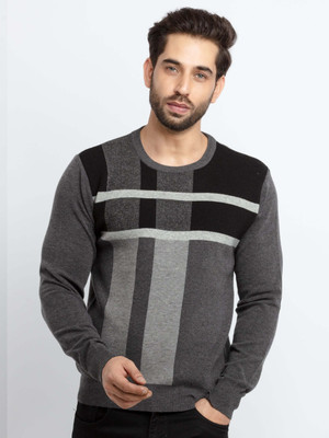 Status Quo Colorblock Round Neck Casual Men Grey Sweater