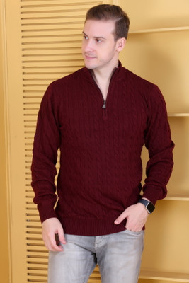 DZANT Self Design Turtle Neck Casual Men Maroon Sweater