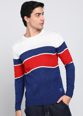 NUMERO UNO Striped Crew Neck Casual Men Blue, Red, White Sweater