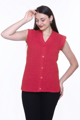 ENOV Self Design V Neck Casual Women Pink Sweater