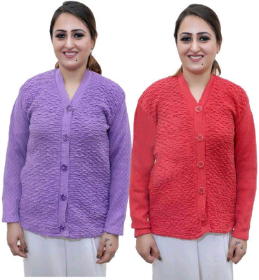 Shunit creation Self Design V Neck Lounge Wear Women Purple, Red Sweater