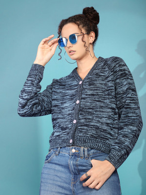 CHKOKKO Self Design V Neck Casual Women Blue Sweater
