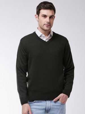 Pivl Self Design V Neck Casual Men Dark Green Sweater