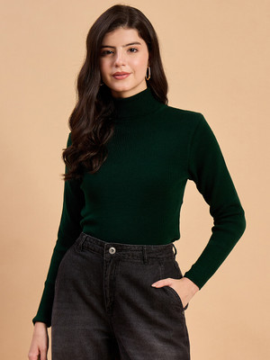 RVK Self Design High Neck Casual Women Green Sweater