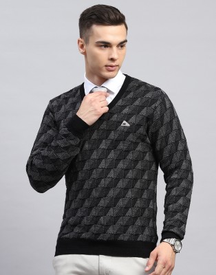 MONTE CARLO Self Design V Neck Casual Men Black Sweater