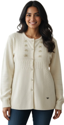 I Bar Woven Round Neck Casual Women White Sweater