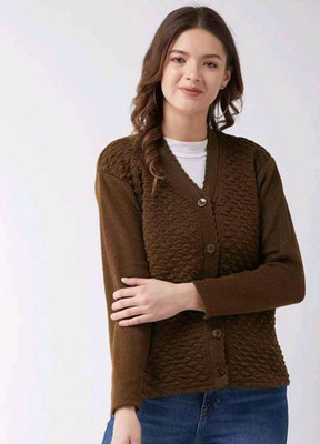 Shunit creation Self Design V Neck Lounge Wear Women Brown Sweater