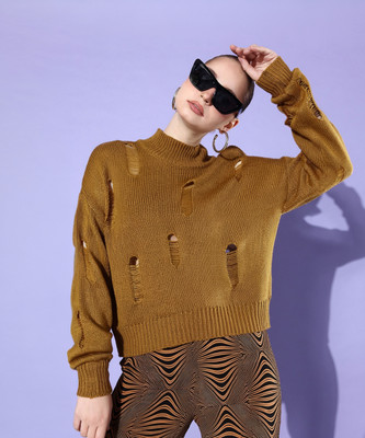 Roadster Self Design Round Neck Casual Women Purple Sweater