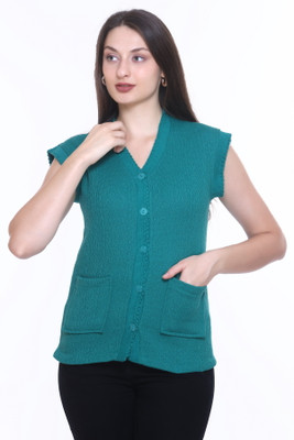Keshavi Woven V Neck Casual Women Green Sweater