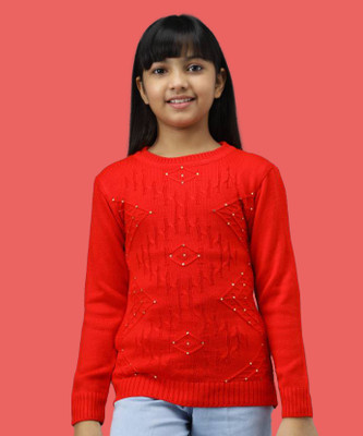SwellSwag Embellished Round Neck Casual Girls Red Sweater