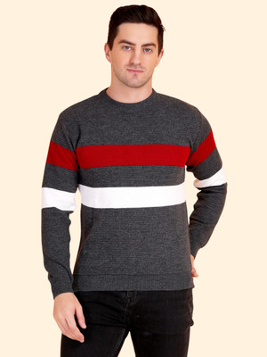 GLAUCUS Striped Round Neck Casual Men Grey Sweater