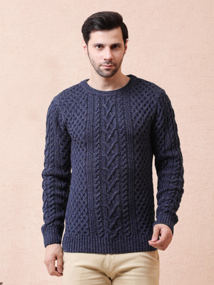 NOQUO Self Design Round Neck Casual Men Dark Blue Sweater