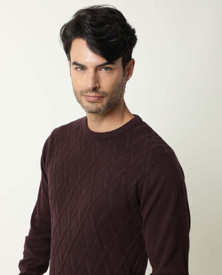 RARE RABBIT Self Design Round Neck Casual Men Brown Sweater