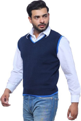 urban trees Solid V Neck Casual Men Dark Blue Sweater