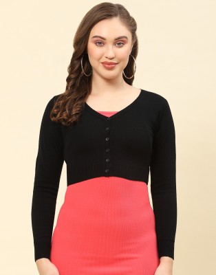 MONTE CARLO Solid V Neck Casual Women Black Sweater