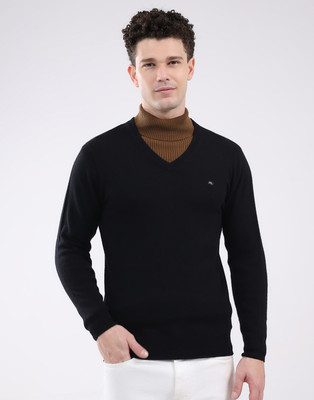 MONTE CARLO Solid V Neck Casual Men Black Sweater