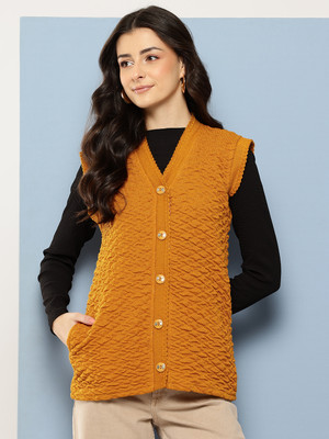 METRONAUT Self Design V Neck Casual Women Yellow Sweater