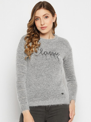 DUKE Embroidered Round Neck Casual Women Grey Sweater
