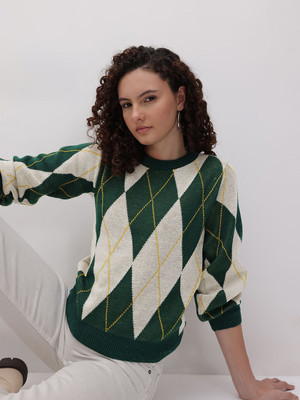 Roadster Self Design Round Neck Casual Women Green Sweater