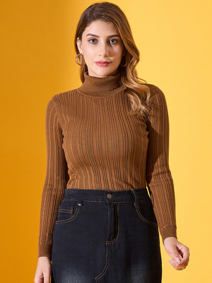 98 Degree North Striped High Neck Casual Women Brown Sweater
