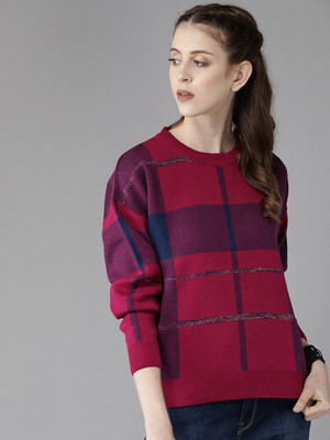 Roadster Self Design Round Neck Casual Women Red Sweater