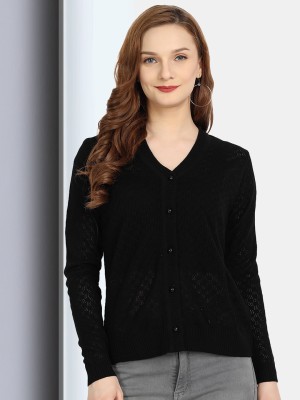 CLAPTON Self Design V Neck Casual Women Black Sweater