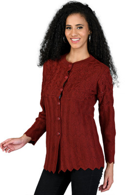 lady willington Embroidered Crew Neck Casual Women Maroon Sweater