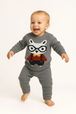 ALL KNIT Animal Print Round Neck Casual Baby Boys & Baby Girls Grey Sweater