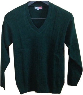 Rajindras Solid, Self Design V Neck Casual Women Dark Green Sweater