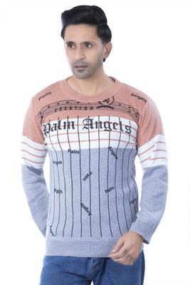 jksaini Printed Round Neck Casual Men Orange Sweater