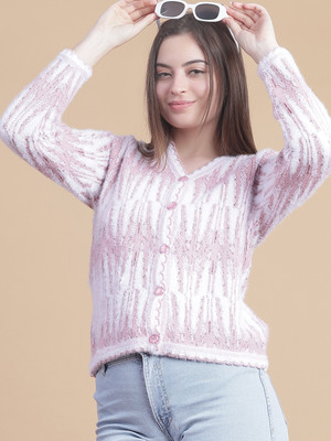 V-MART Self Design V Neck Casual Women Pink Sweater