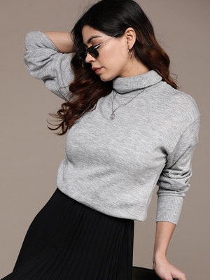 Roadster Solid Turtle Neck Casual Women Grey Sweater