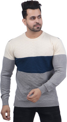 FEVERFEW Colorblock Round Neck Casual Men Grey Sweater