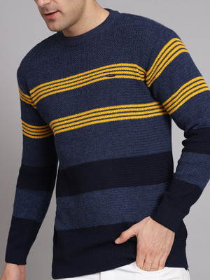 eWools Striped, Colorblock Round Neck Casual Men Blue Sweater