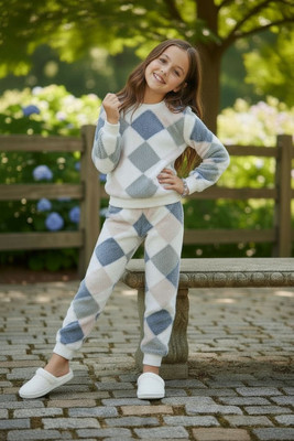 barkatdesigningplanet Geometric Print Round Neck Casual Girls White Sweater