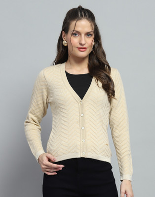 MONTE CARLO Self Design V Neck Casual Women Beige Sweater