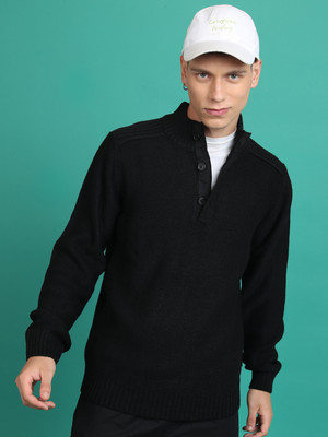 HIGHLANDER Solid High Neck Casual Men Black Sweater