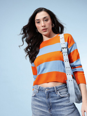 Glitchez Striped Round Neck Casual Women Orange, Blue Sweater