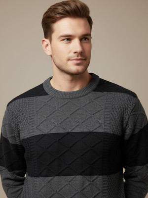 AIN6 Self Design Round Neck Casual Men Grey Sweater