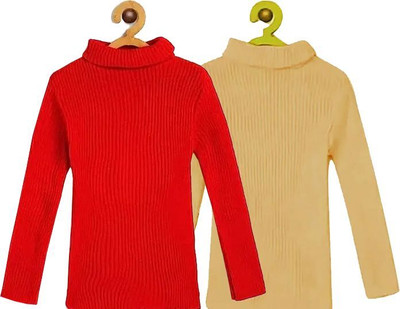 100LUCK Solid Turtle Neck Casual Boys & Girls Red, Beige Sweater