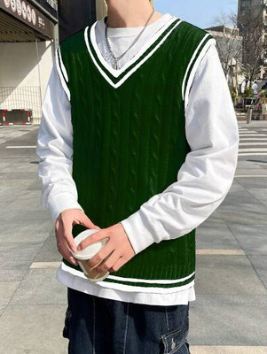 Eddicted Self Design V Neck Casual Men Green Sweater