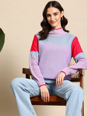 Mast & Harbour Colorblock Turtle Neck Casual Women Purple Sweater
